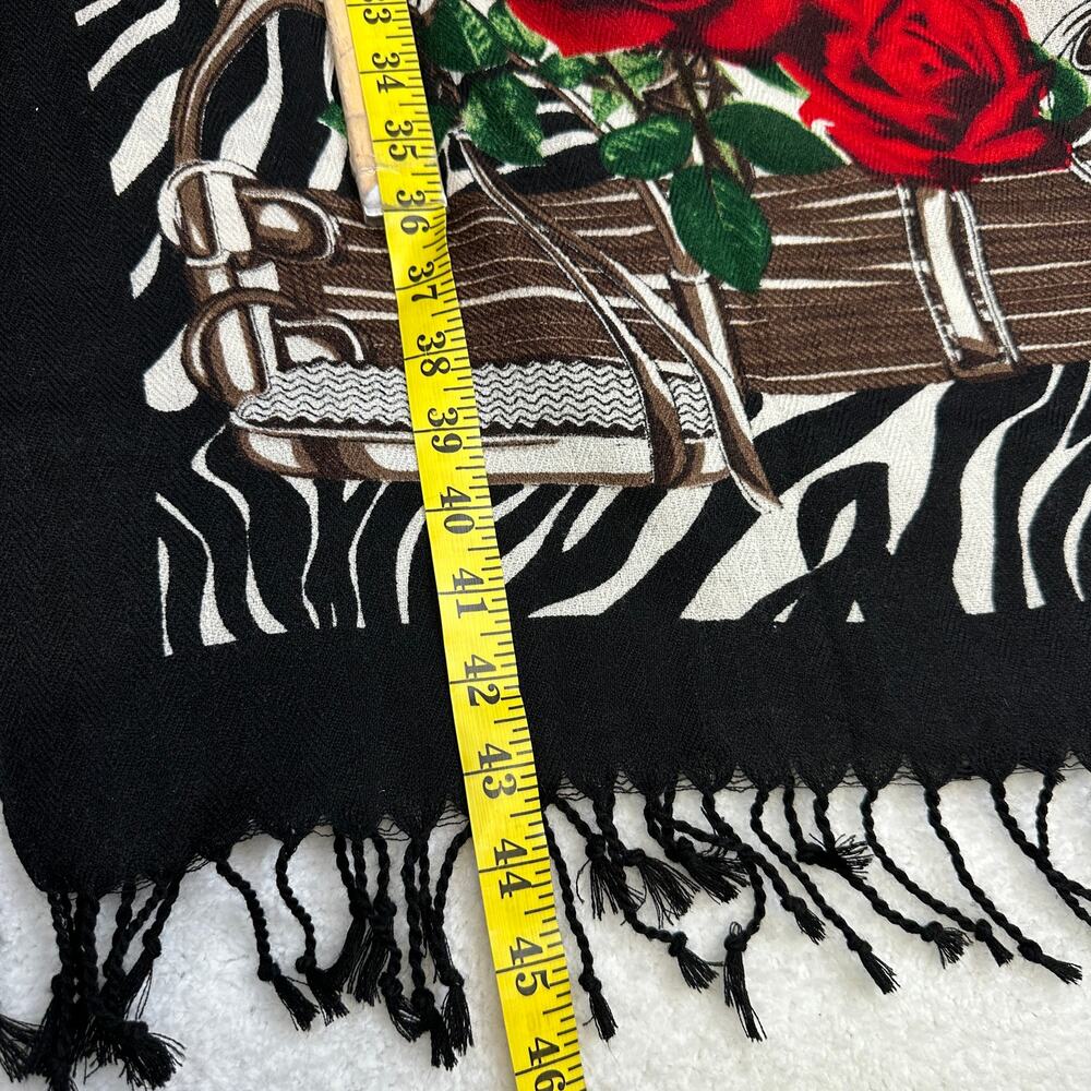 Dana Xu 100% Wool Pashmina Oversized Fringed Shawl Equestrian Roses Zebra 92 in - Picture 3 of 8